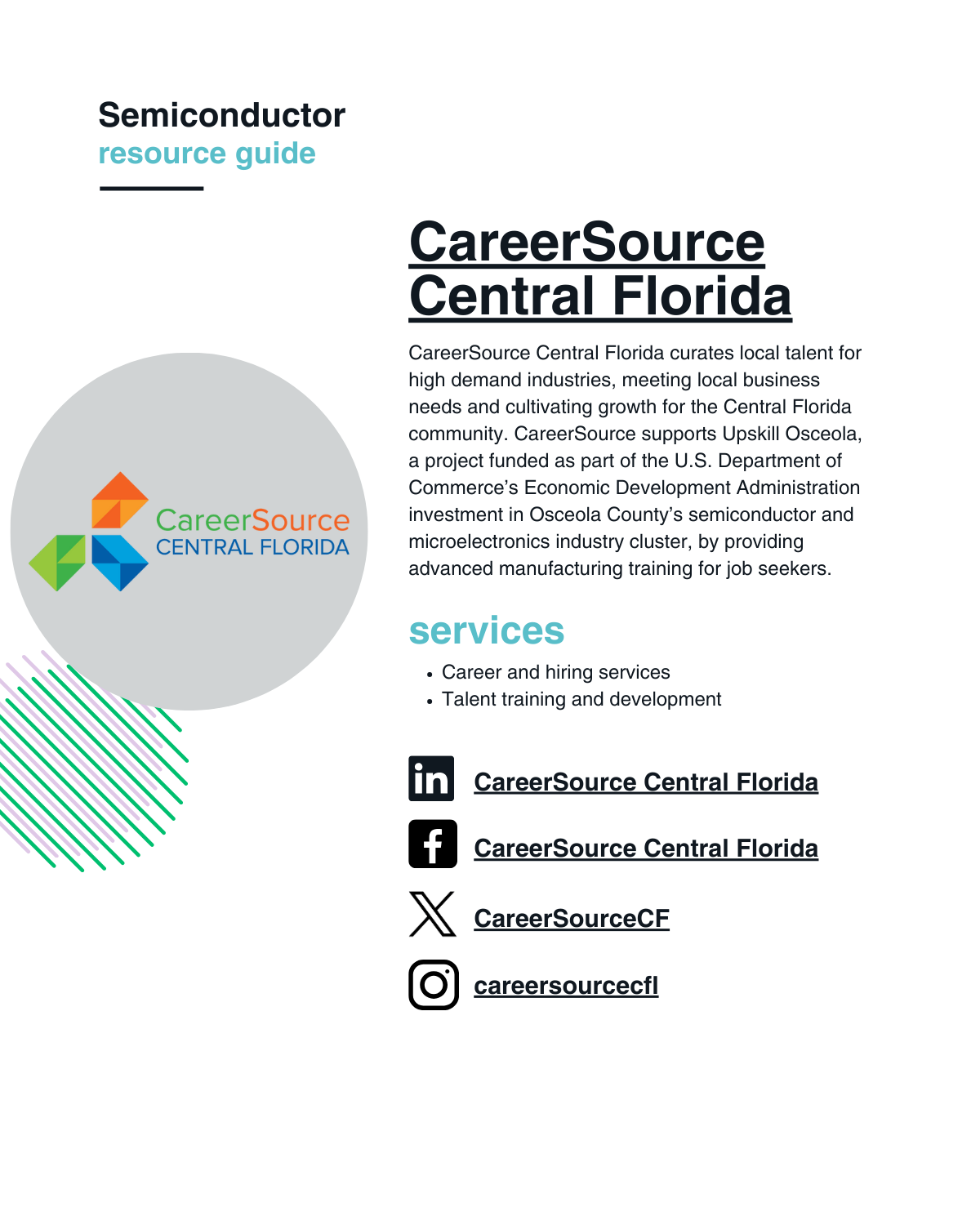 CareerSource Central Florida curates local talent for high demand industries, meeting local business needs and cultivating growth for the Central Florida community. CareerSource supports Upskill Osceola, a project funded as part of the U.S. Department of Commerce’s Economic Development Administration investment in Osceola County’s semiconductor and microelectronics industry cluster, by providing advanced manufacturing training for job seekers.