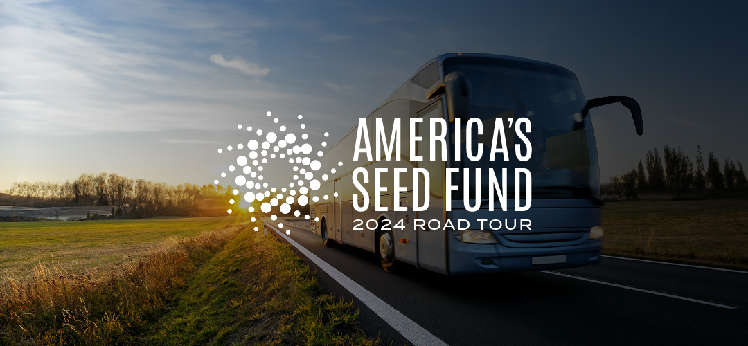 Picture of a tour bus on the road with the America's Seed Fund Logo overlaying the image.
